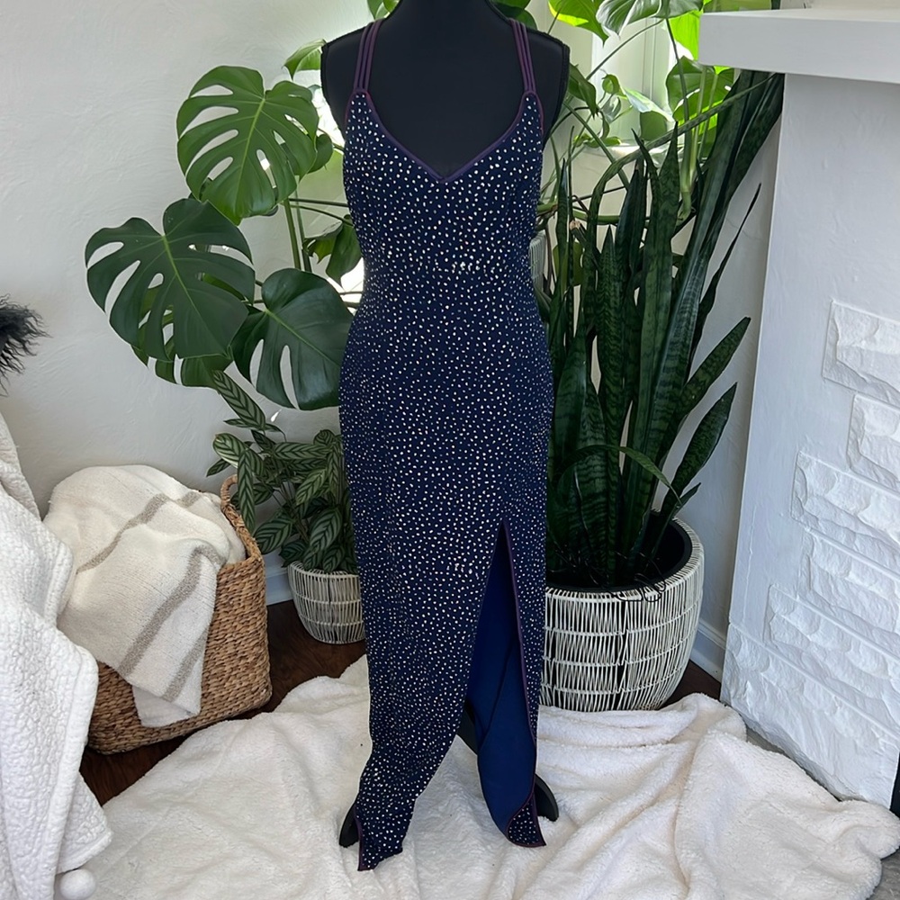 L.A. Glow formal navy front slit low back evening dress size 7/8